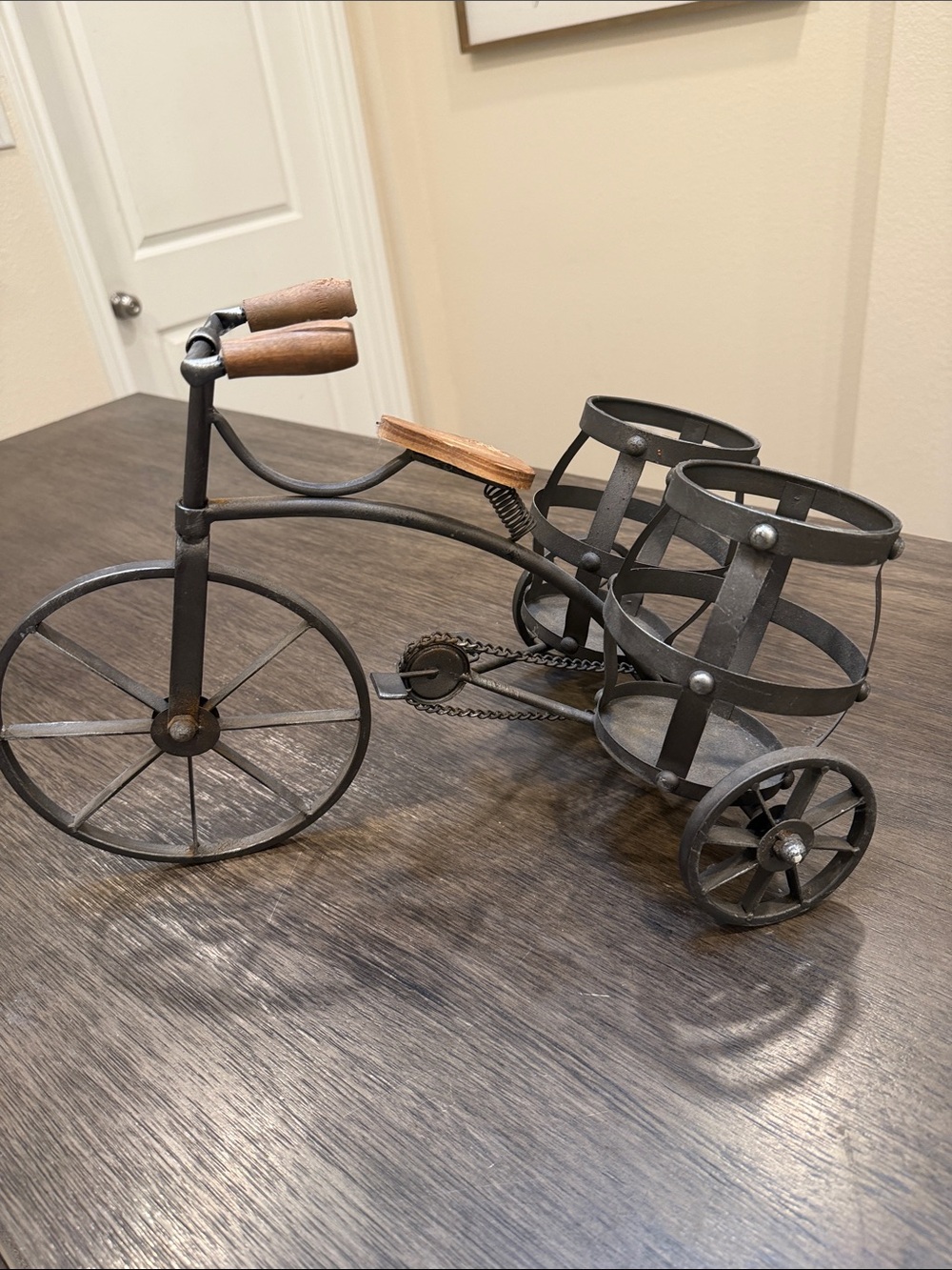 Hobby Lobby Black Metal Tricycle Bottle Caddy with Wood Accents